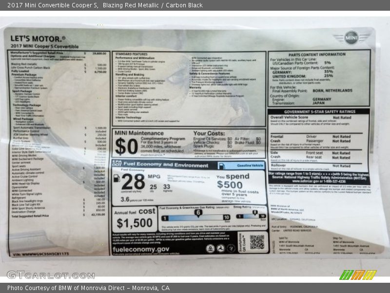  2017 Convertible Cooper S Window Sticker