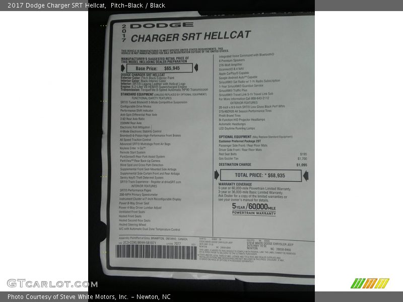  2017 Charger SRT Hellcat Window Sticker