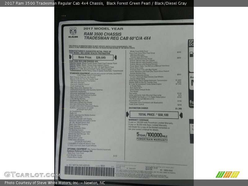 Black Forest Green Pearl / Black/Diesel Gray 2017 Ram 3500 Tradesman Regular Cab 4x4 Chassis