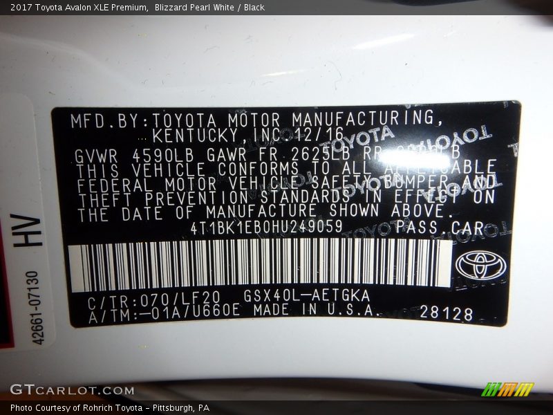 Blizzard Pearl White / Black 2017 Toyota Avalon XLE Premium