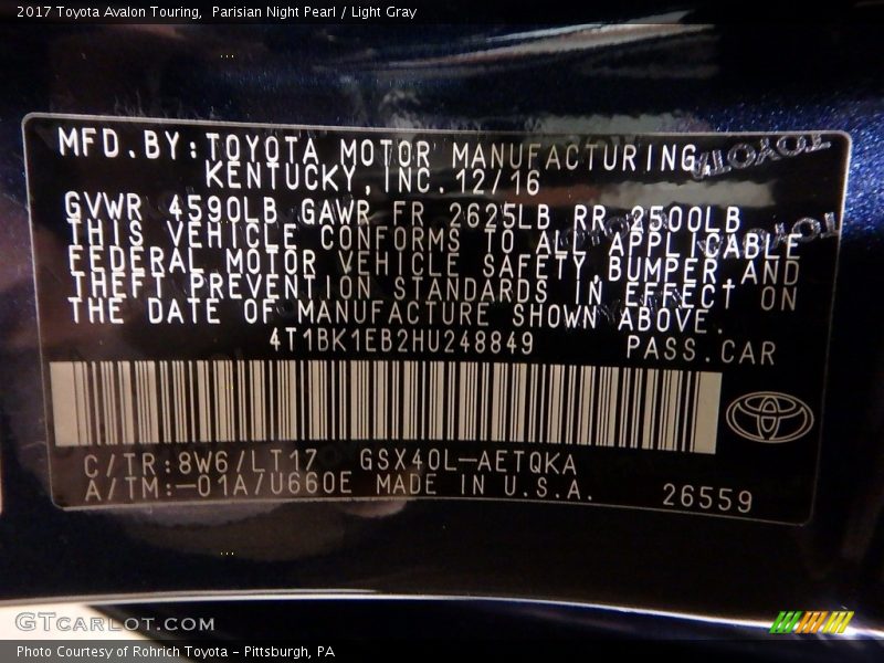 Parisian Night Pearl / Light Gray 2017 Toyota Avalon Touring