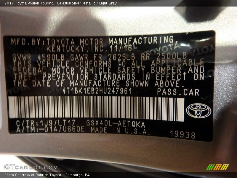 Celestial Silver Metallic / Light Gray 2017 Toyota Avalon Touring