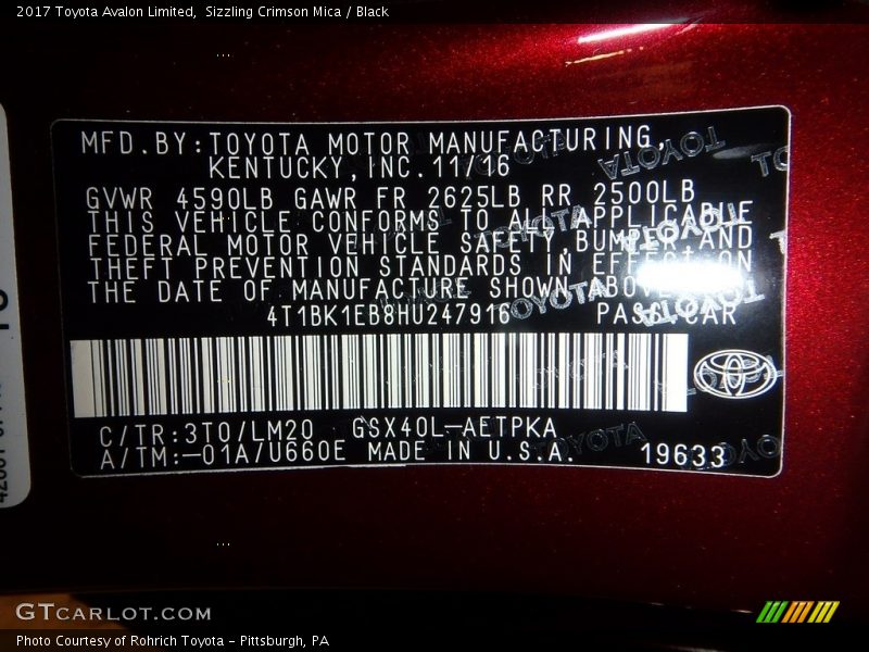 Sizzling Crimson Mica / Black 2017 Toyota Avalon Limited
