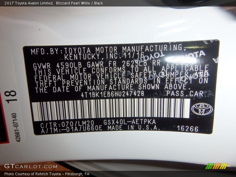 Blizzard Pearl White / Black 2017 Toyota Avalon Limited
