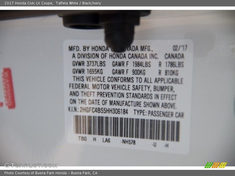 Taffeta White / Black/Ivory 2017 Honda Civic LX Coupe