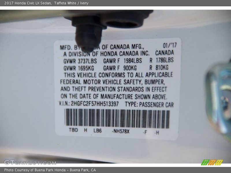 Taffeta White / Ivory 2017 Honda Civic LX Sedan