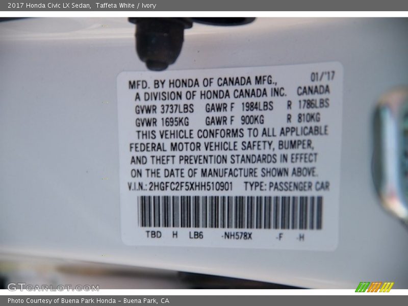 Taffeta White / Ivory 2017 Honda Civic LX Sedan