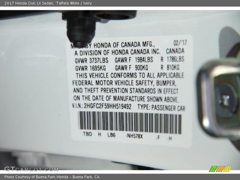 Taffeta White / Ivory 2017 Honda Civic LX Sedan