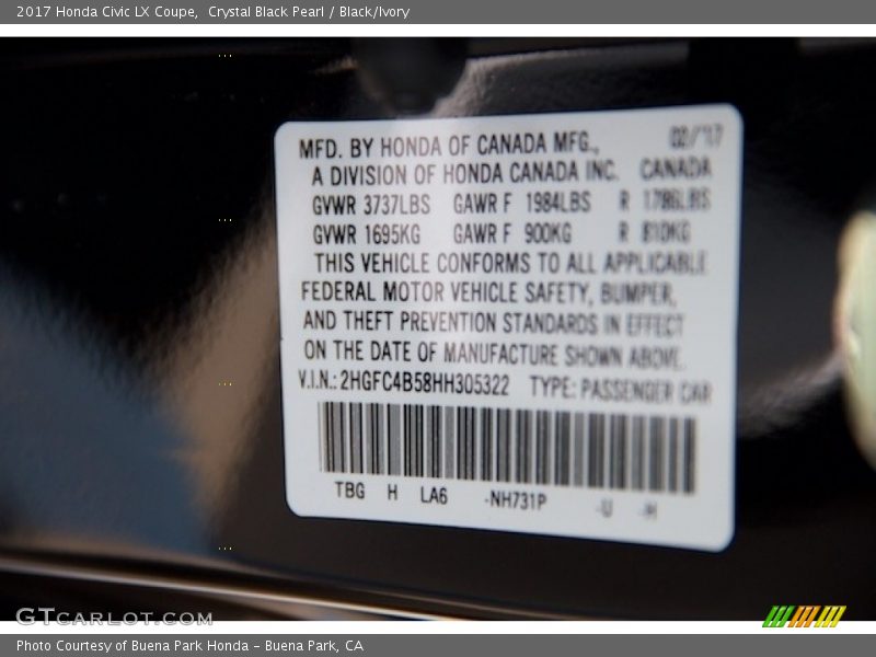 Crystal Black Pearl / Black/Ivory 2017 Honda Civic LX Coupe