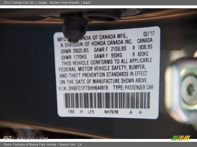 Modern Steel Metallic / Black 2017 Honda Civic EX-L Sedan