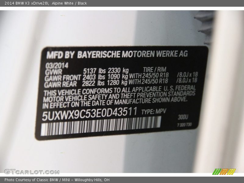 Alpine White / Black 2014 BMW X3 xDrive28i