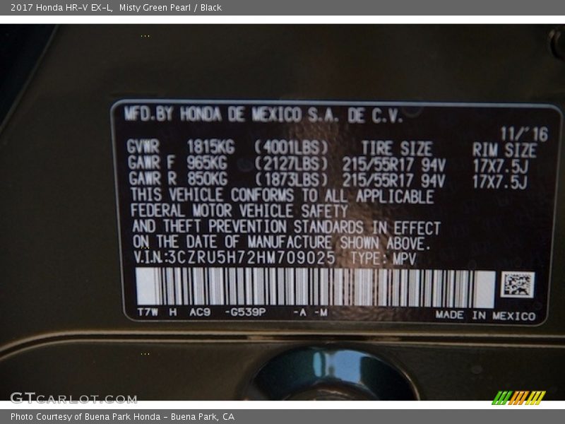 2017 HR-V EX-L Misty Green Pearl Color Code G539P