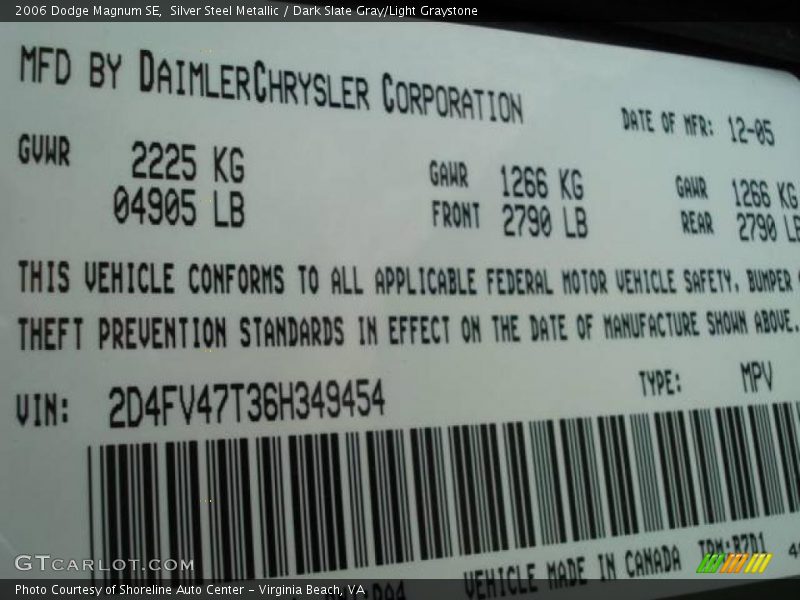 Silver Steel Metallic / Dark Slate Gray/Light Graystone 2006 Dodge Magnum SE