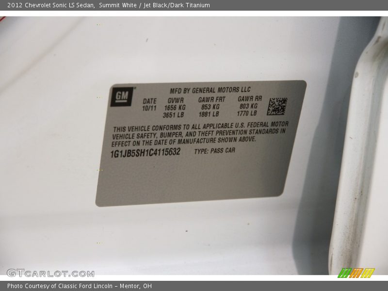 Summit White / Jet Black/Dark Titanium 2012 Chevrolet Sonic LS Sedan
