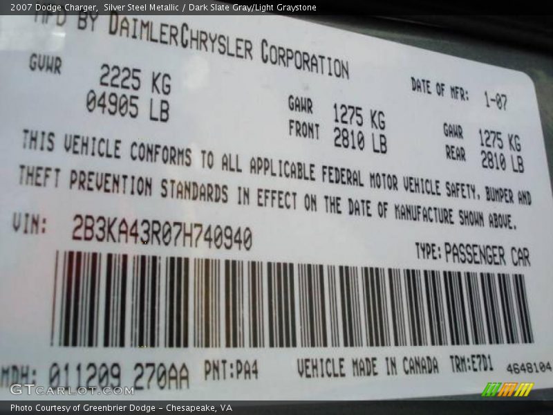 Silver Steel Metallic / Dark Slate Gray/Light Graystone 2007 Dodge Charger