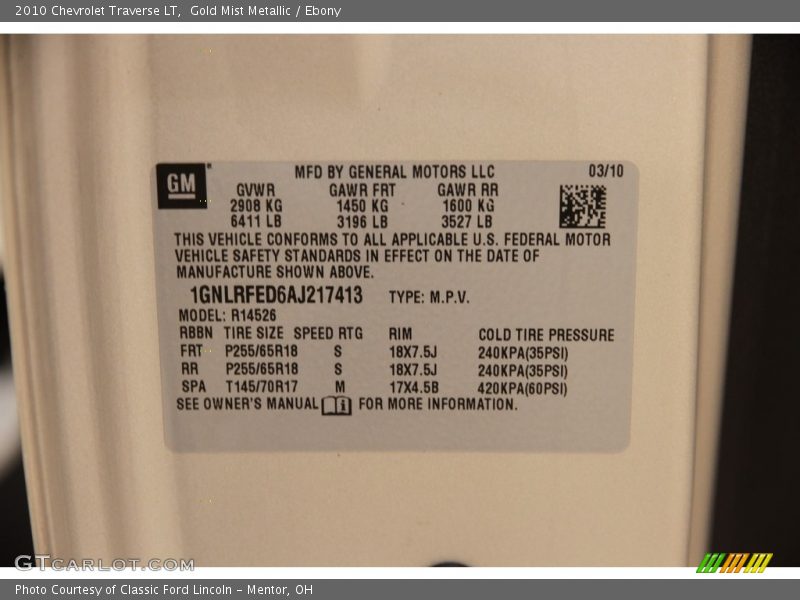 Gold Mist Metallic / Ebony 2010 Chevrolet Traverse LT