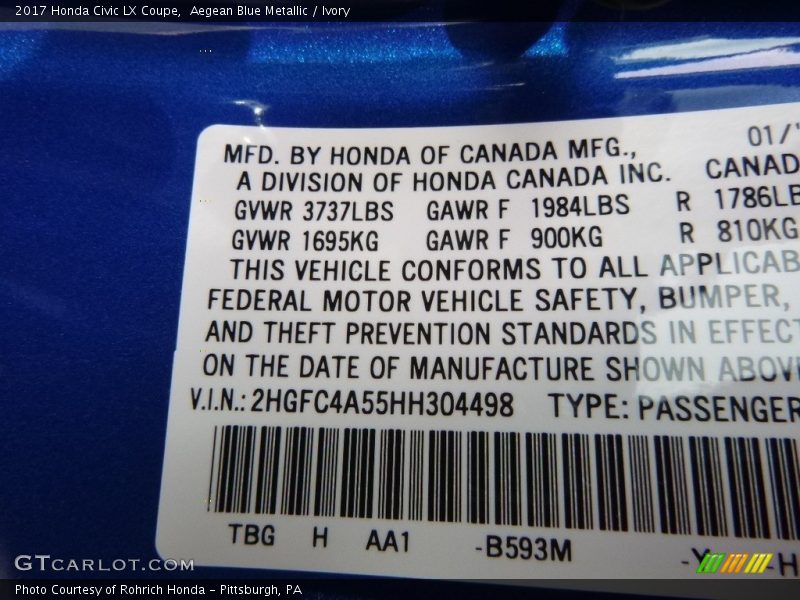2017 Civic LX Coupe Aegean Blue Metallic Color Code B593M