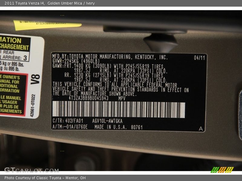 2011 Venza I4 Golden Umber Mica Color Code 4U2