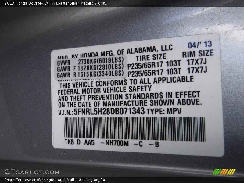 Alabaster Silver Metallic / Gray 2013 Honda Odyssey LX