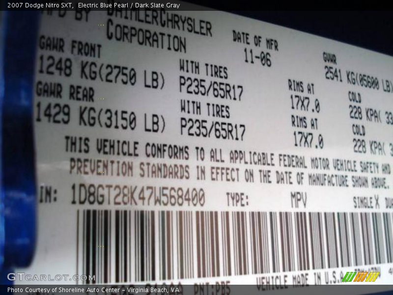 Electric Blue Pearl / Dark Slate Gray 2007 Dodge Nitro SXT