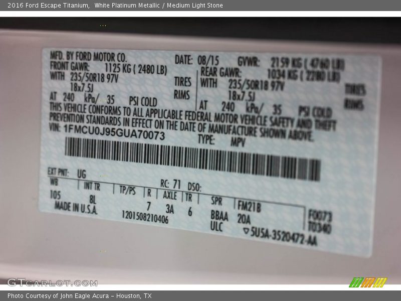 White Platinum Metallic / Medium Light Stone 2016 Ford Escape Titanium