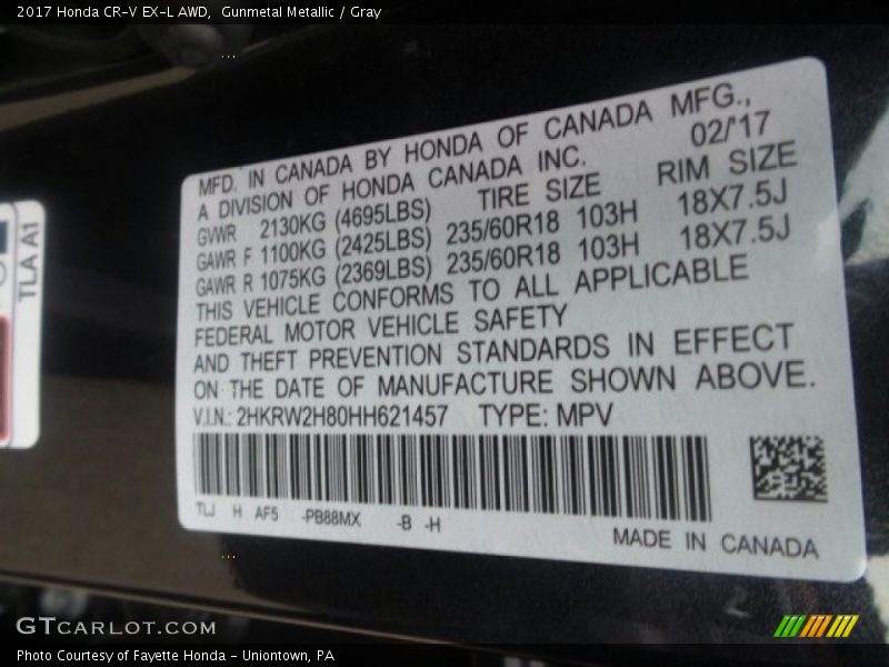 Gunmetal Metallic / Gray 2017 Honda CR-V EX-L AWD