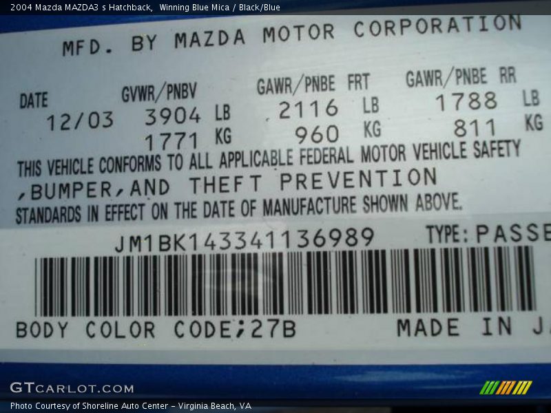 Winning Blue Mica / Black/Blue 2004 Mazda MAZDA3 s Hatchback