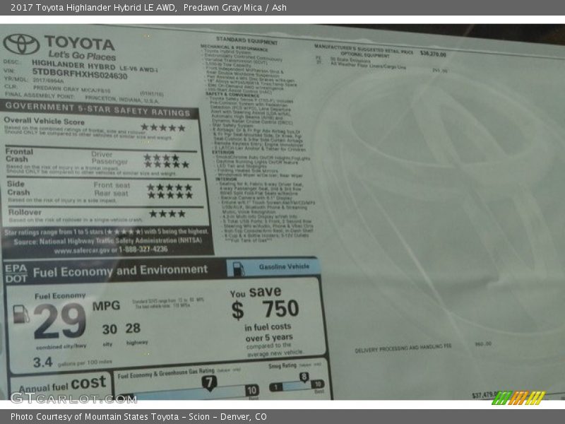  2017 Highlander Hybrid LE AWD Window Sticker