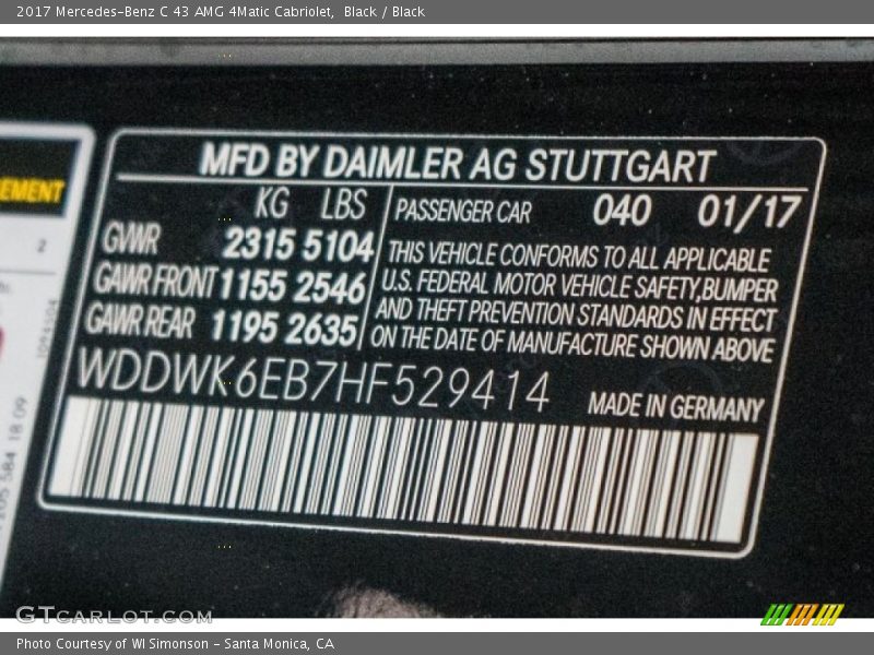 2017 C 43 AMG 4Matic Cabriolet Black Color Code 040