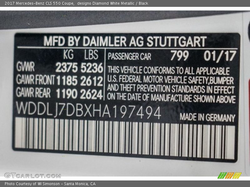 2017 CLS 550 Coupe designo Diamond White Metallic Color Code 799
