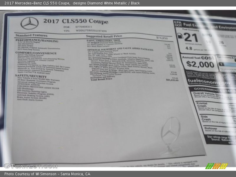  2017 CLS 550 Coupe Window Sticker