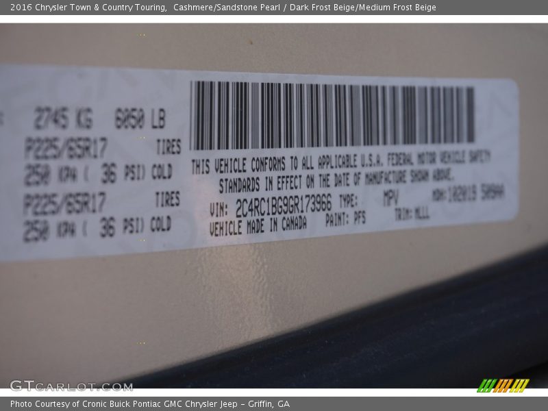 Cashmere/Sandstone Pearl / Dark Frost Beige/Medium Frost Beige 2016 Chrysler Town & Country Touring