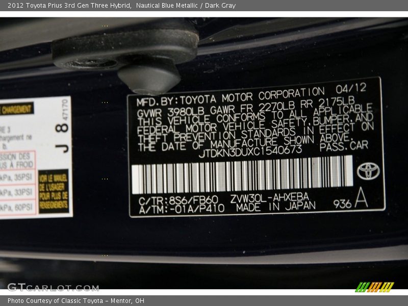 Nautical Blue Metallic / Dark Gray 2012 Toyota Prius 3rd Gen Three Hybrid