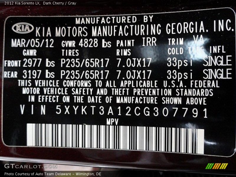 Dark Cherry / Gray 2012 Kia Sorento LX