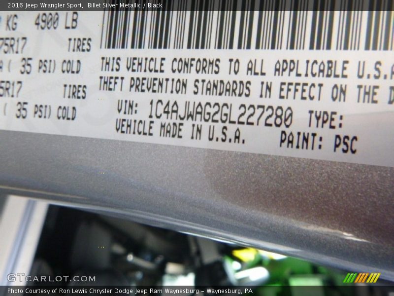 Billet Silver Metallic / Black 2016 Jeep Wrangler Sport