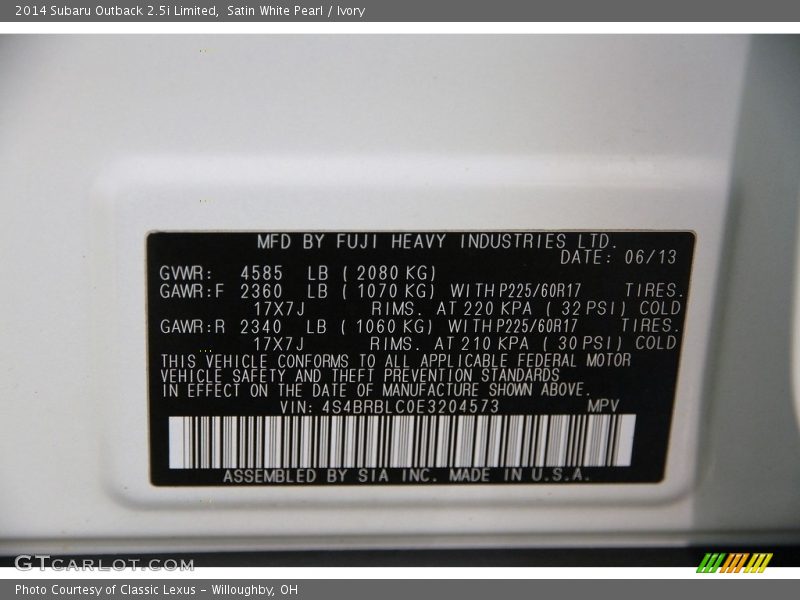 Satin White Pearl / Ivory 2014 Subaru Outback 2.5i Limited