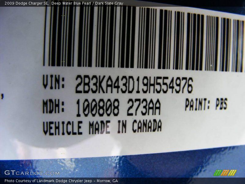 2009 Charger SE Deep Water Blue Pearl Color Code PBS