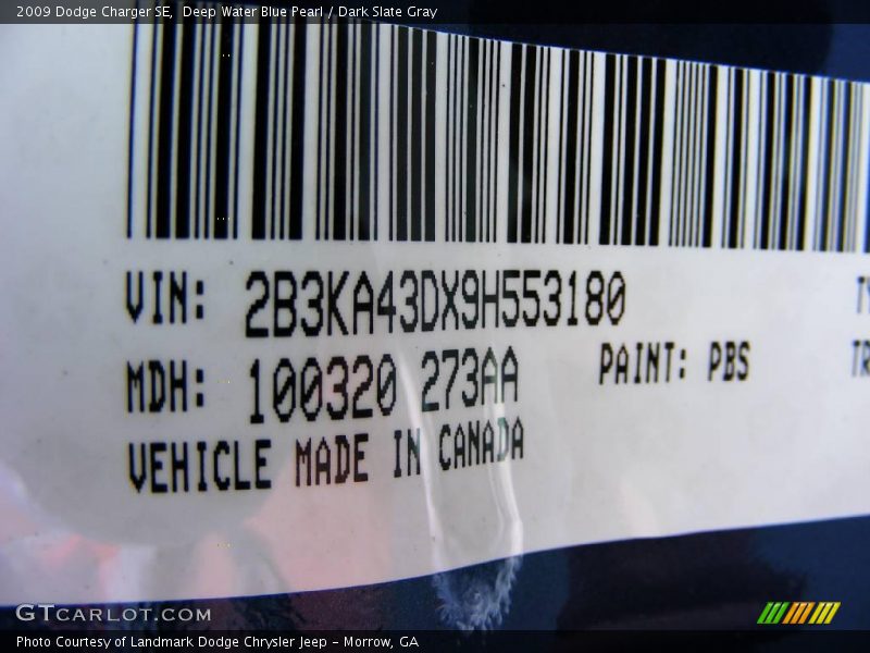 Deep Water Blue Pearl / Dark Slate Gray 2009 Dodge Charger SE