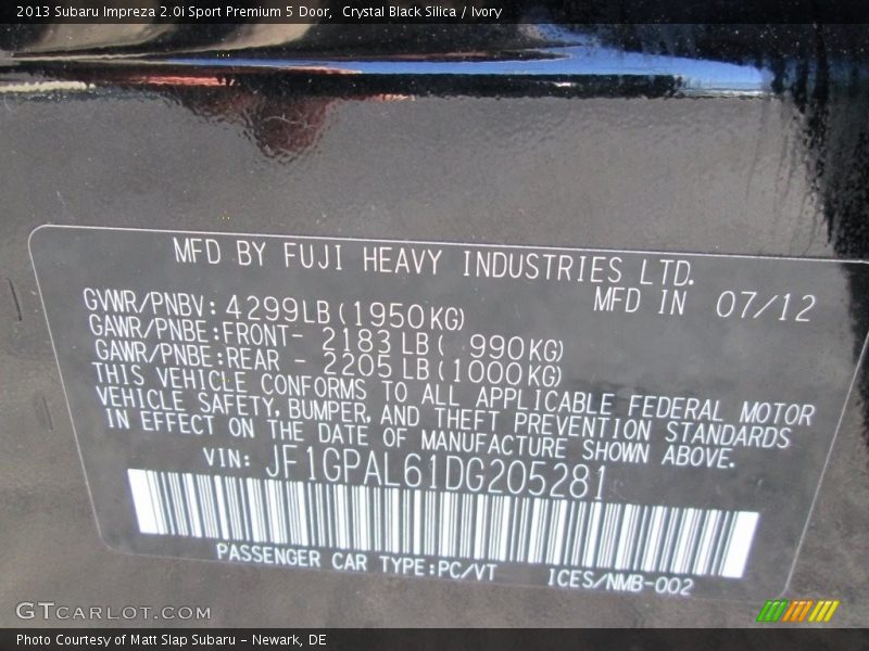 Crystal Black Silica / Ivory 2013 Subaru Impreza 2.0i Sport Premium 5 Door