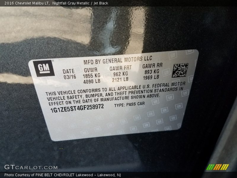 Nightfall Gray Metallic / Jet Black 2016 Chevrolet Malibu LT