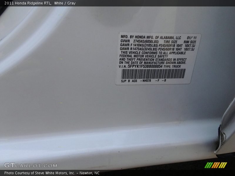 White / Gray 2011 Honda Ridgeline RTL