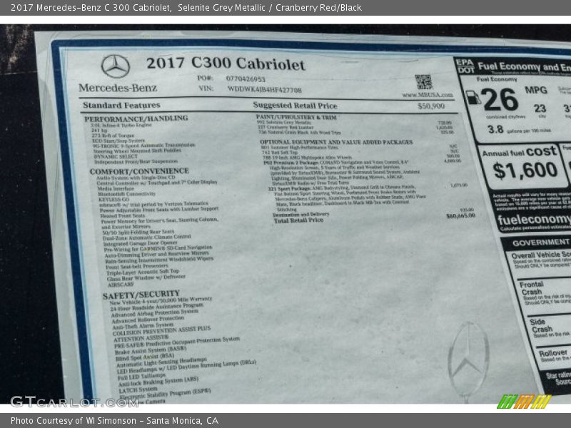 Selenite Grey Metallic / Cranberry Red/Black 2017 Mercedes-Benz C 300 Cabriolet