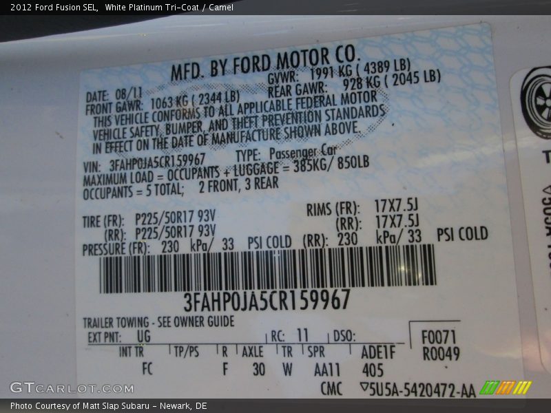 White Platinum Tri-Coat / Camel 2012 Ford Fusion SEL
