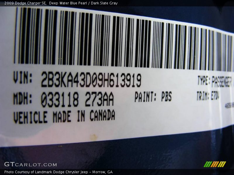 Deep Water Blue Pearl / Dark Slate Gray 2009 Dodge Charger SE