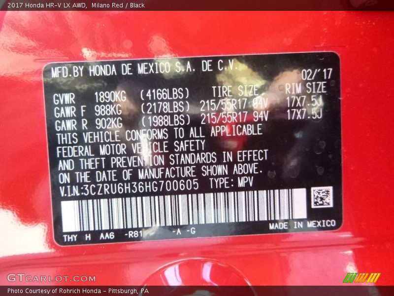 2017 HR-V LX AWD Milano Red Color Code R81