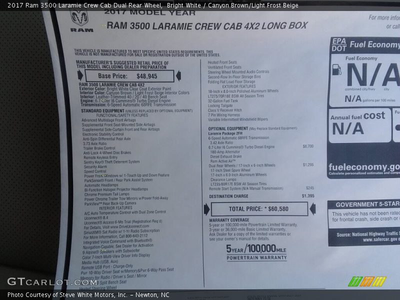 Bright White / Canyon Brown/Light Frost Beige 2017 Ram 3500 Laramie Crew Cab Dual Rear Wheel
