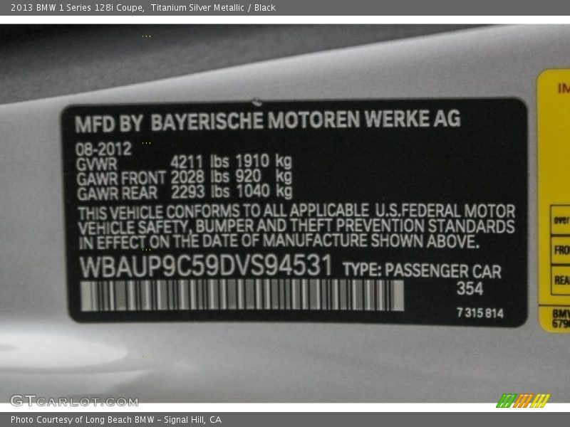 Titanium Silver Metallic / Black 2013 BMW 1 Series 128i Coupe