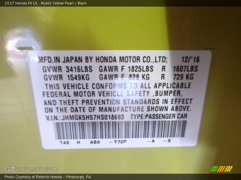 2017 Fit LX Mystic Yellow Pearl Color Code Y72P
