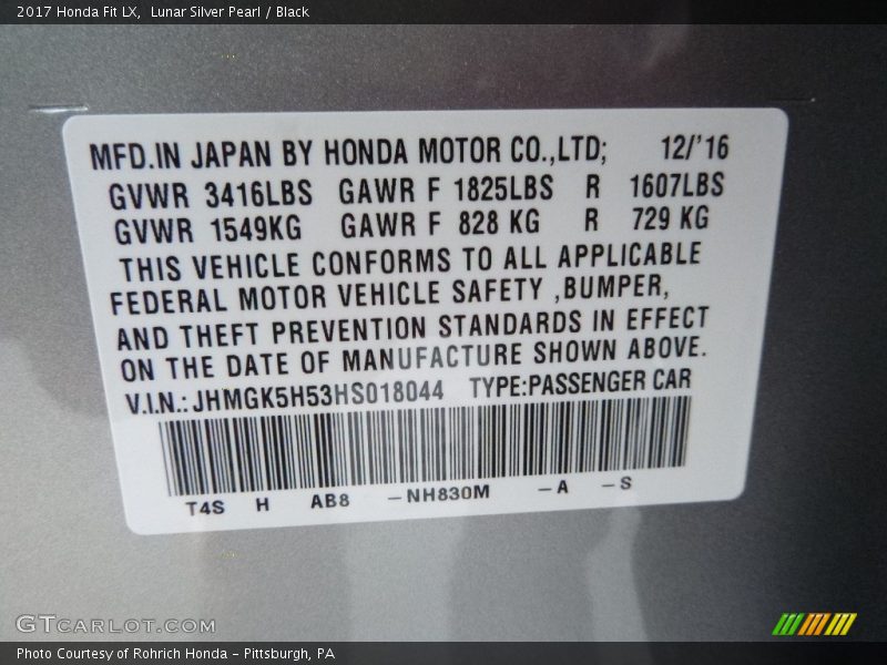 Lunar Silver Pearl / Black 2017 Honda Fit LX