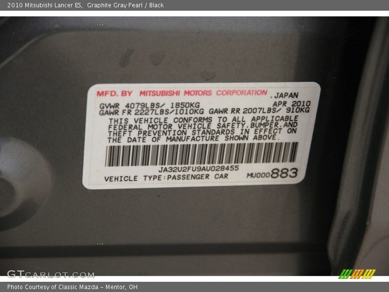 Graphite Gray Pearl / Black 2010 Mitsubishi Lancer ES
